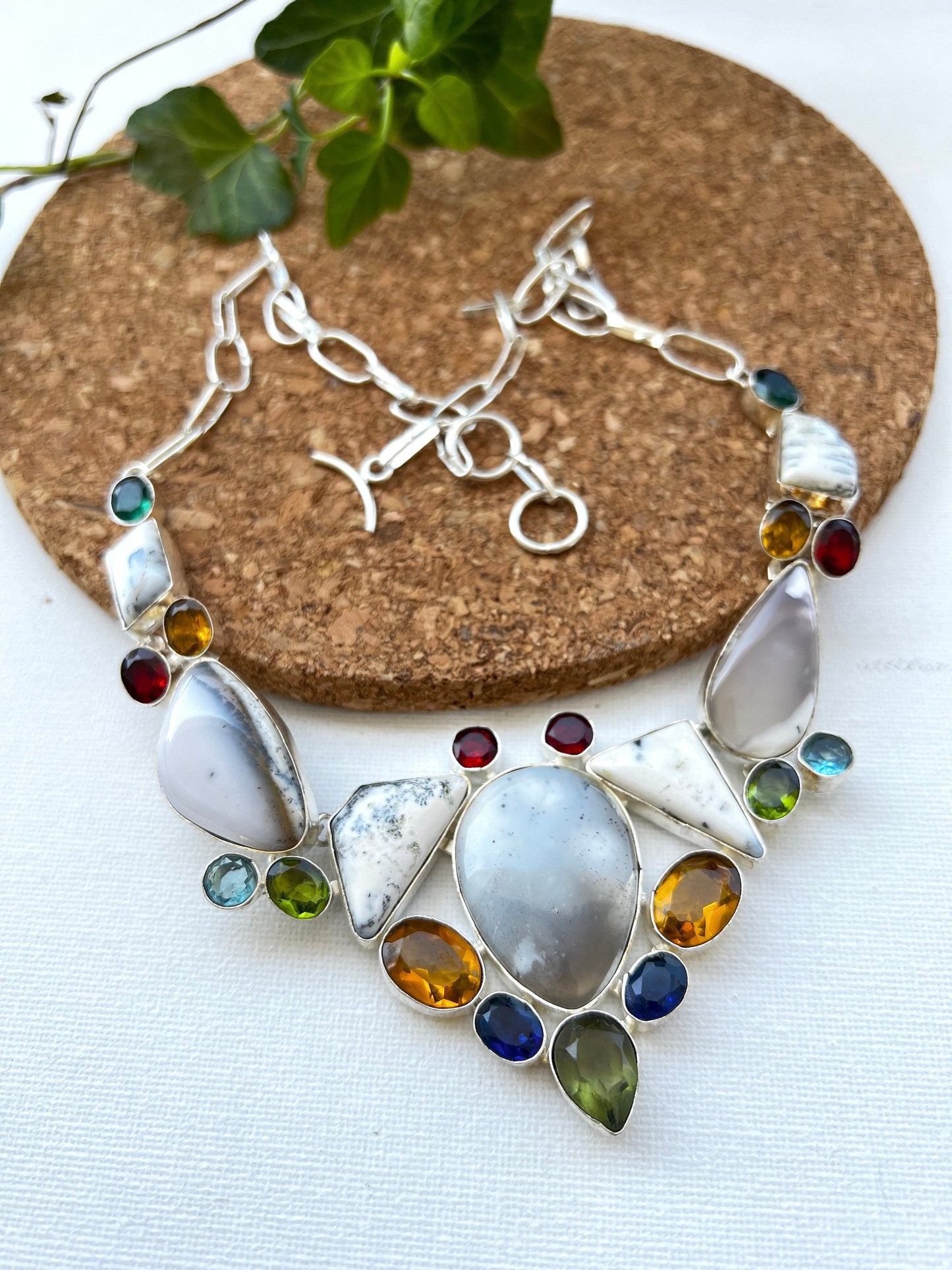 White Gray Jasper Multi Stone Bib Necklace