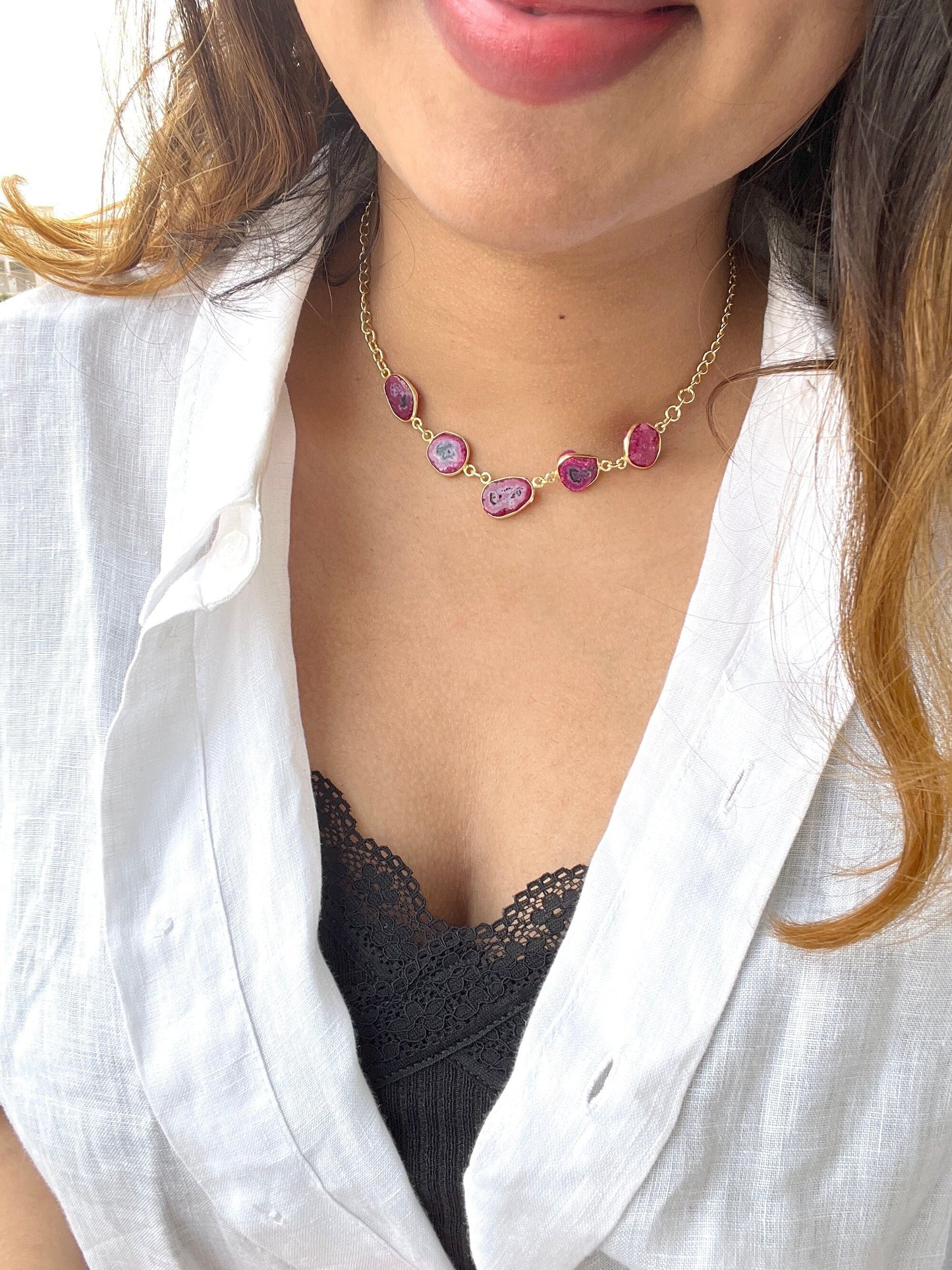 Pink Druzy Gemstone Necklace