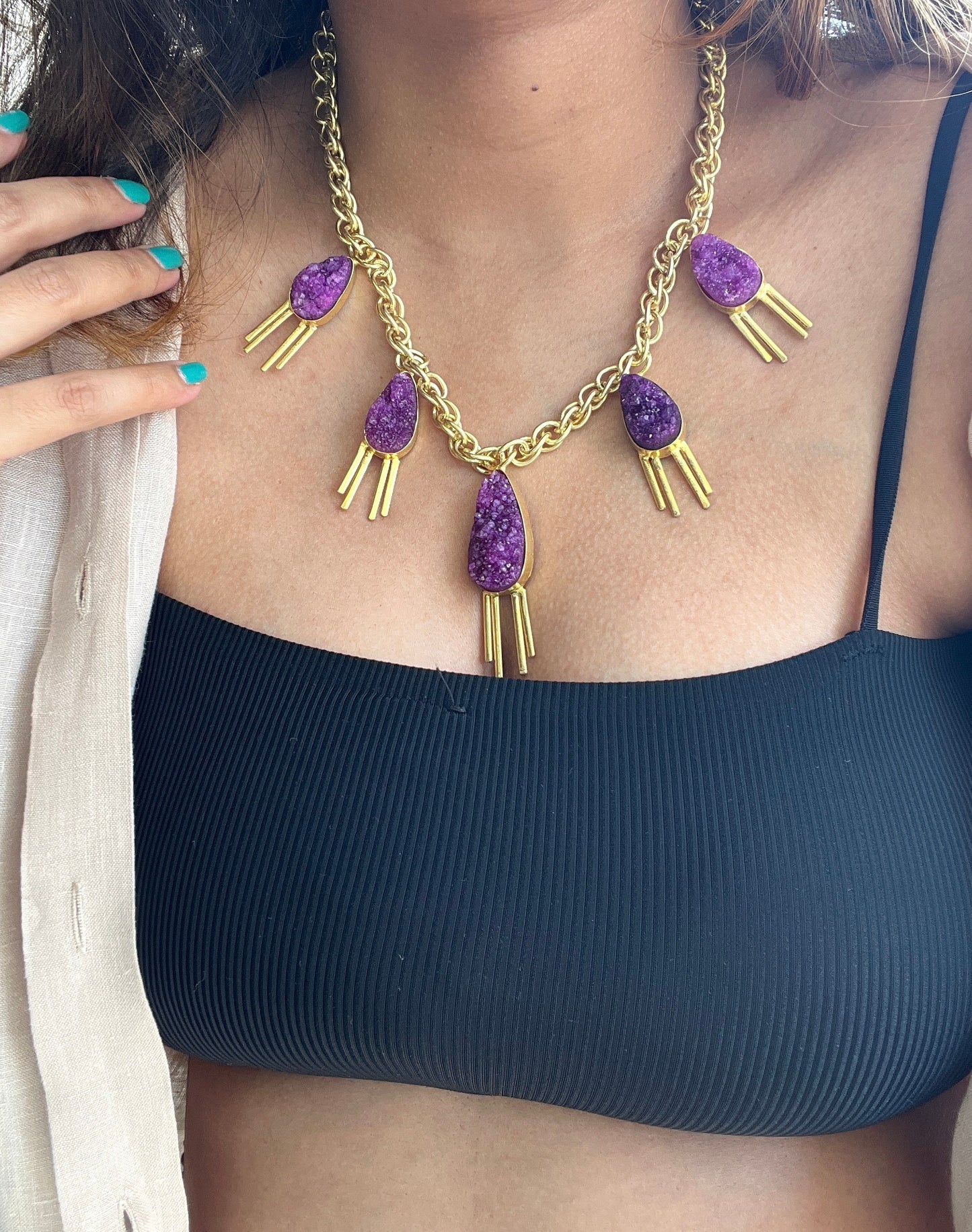 Purple Druzy Bib Necklace