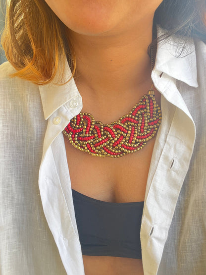 Red Gold Beaded Statement Necklace