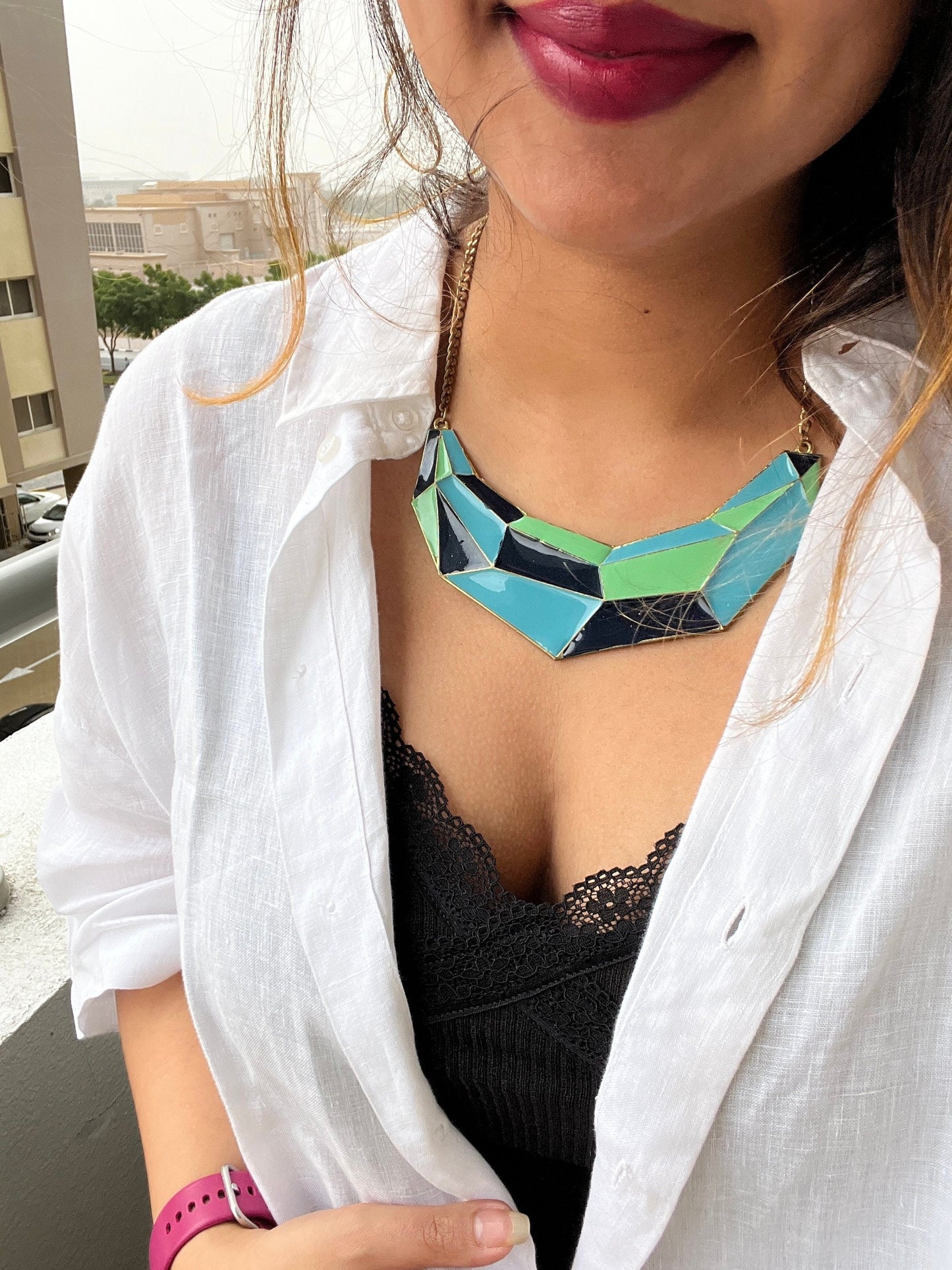 Blue/Orange Geometric Bib Necklace