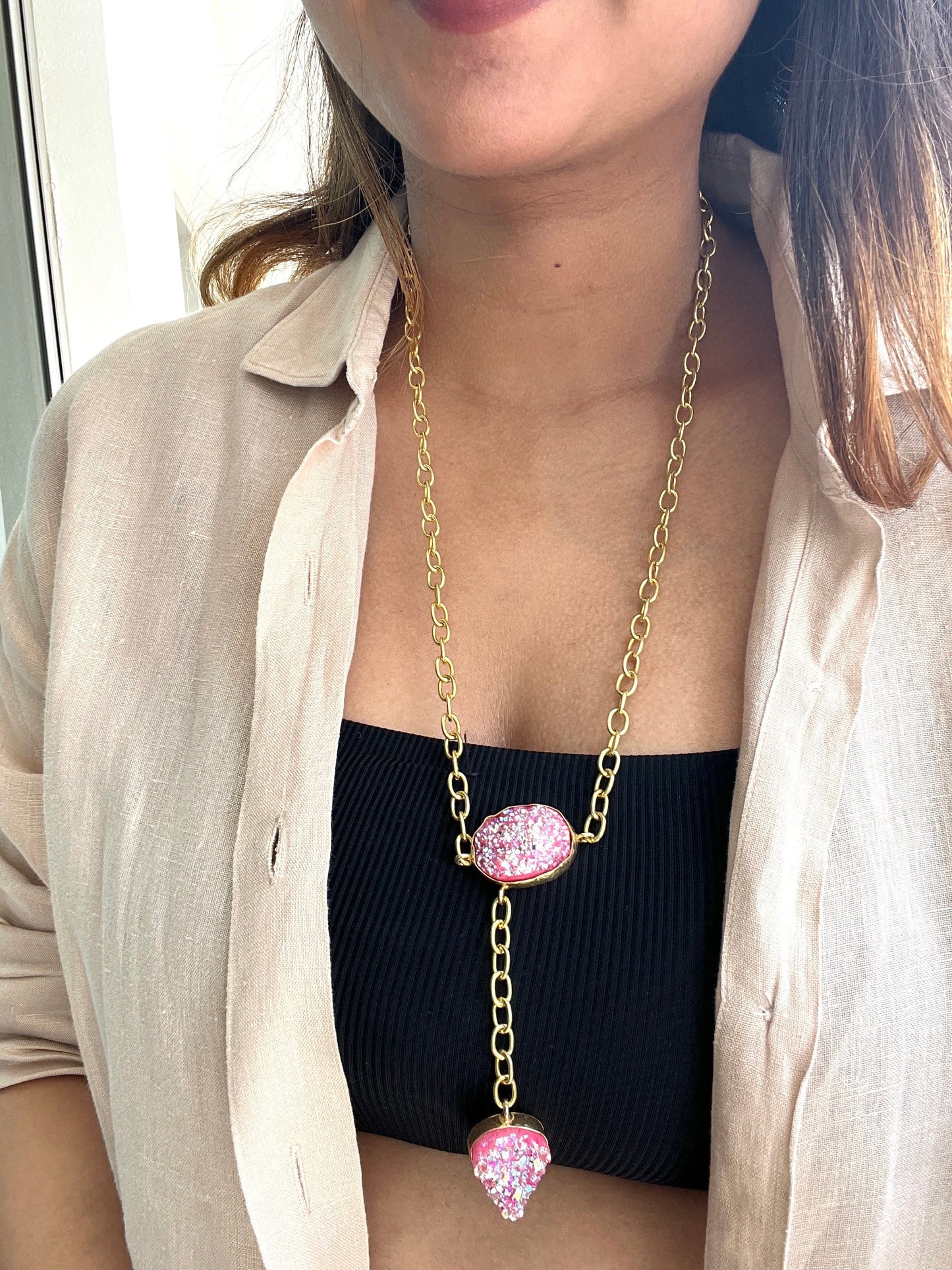 Neon Druzy Lariat Necklace