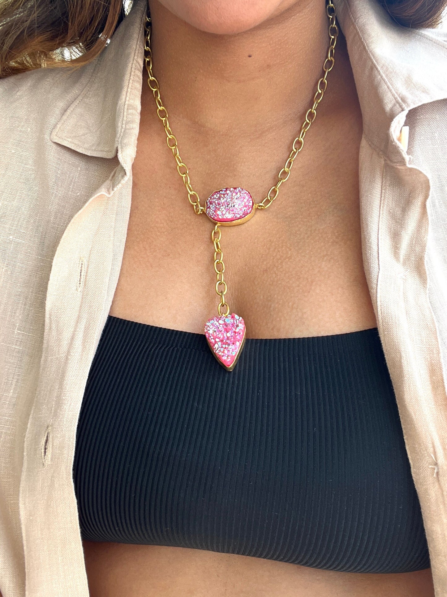 Neon Druzy Lariat Necklace