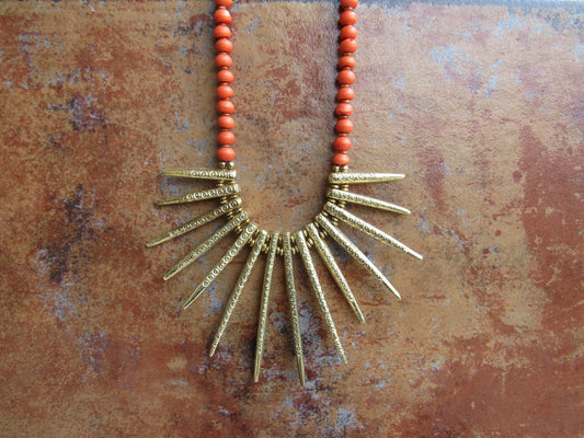 Orange Gold Spike Bib Necklace