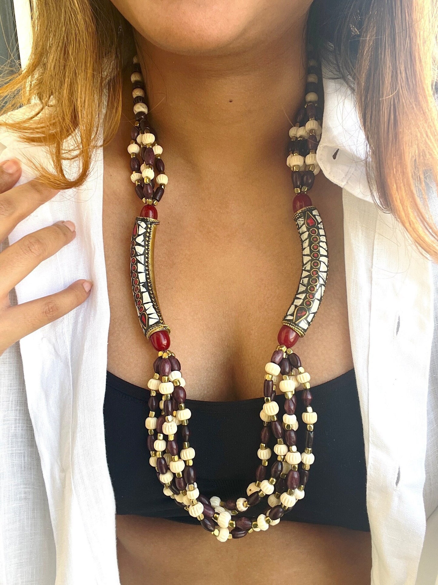 Maroon Chunky Beaded Boho Necklace