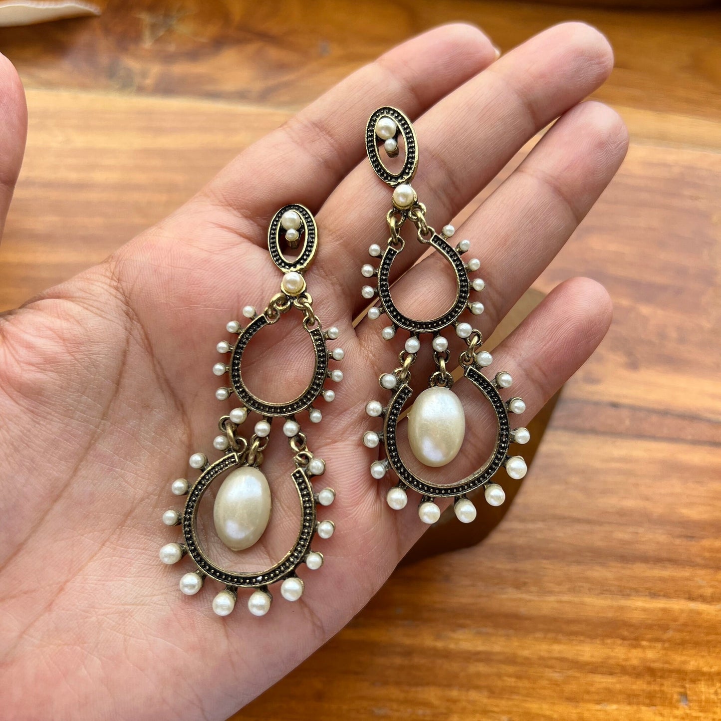 Gold Long Pearl Statement Earrings