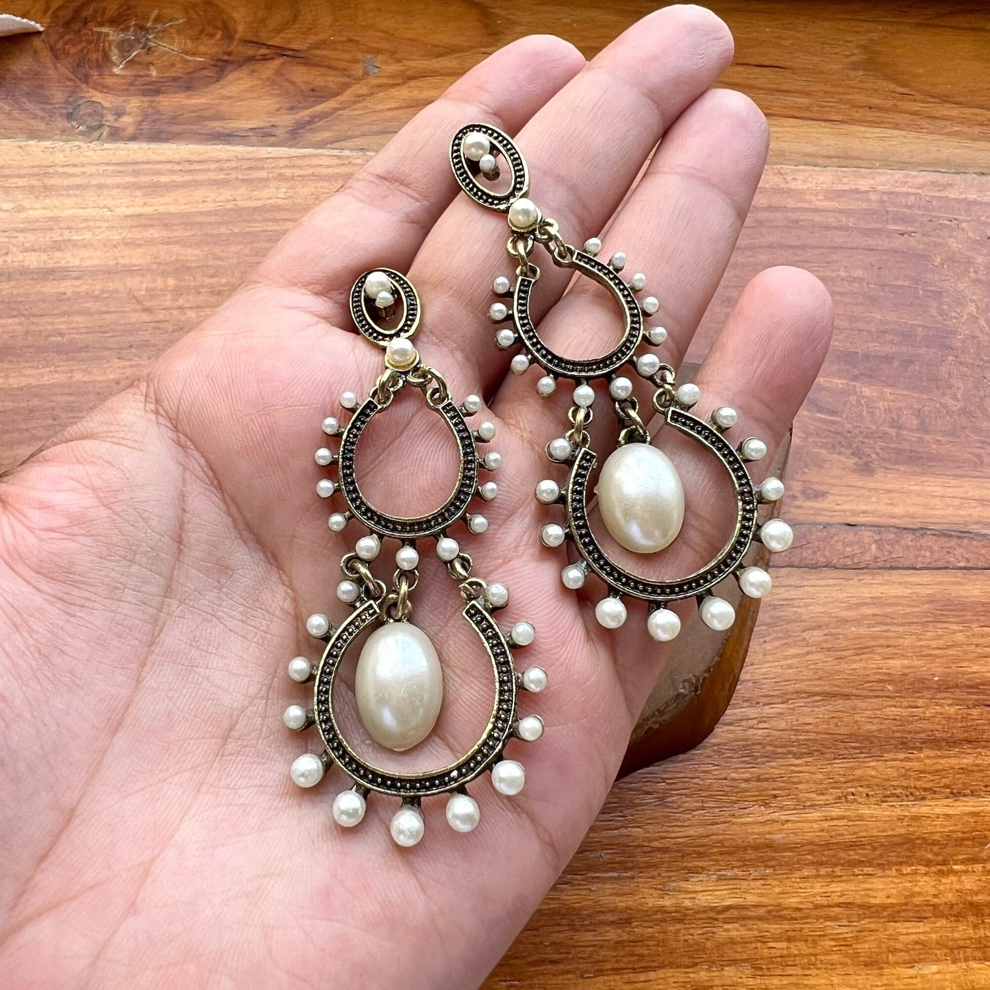 Gold Long Pearl Statement Earrings