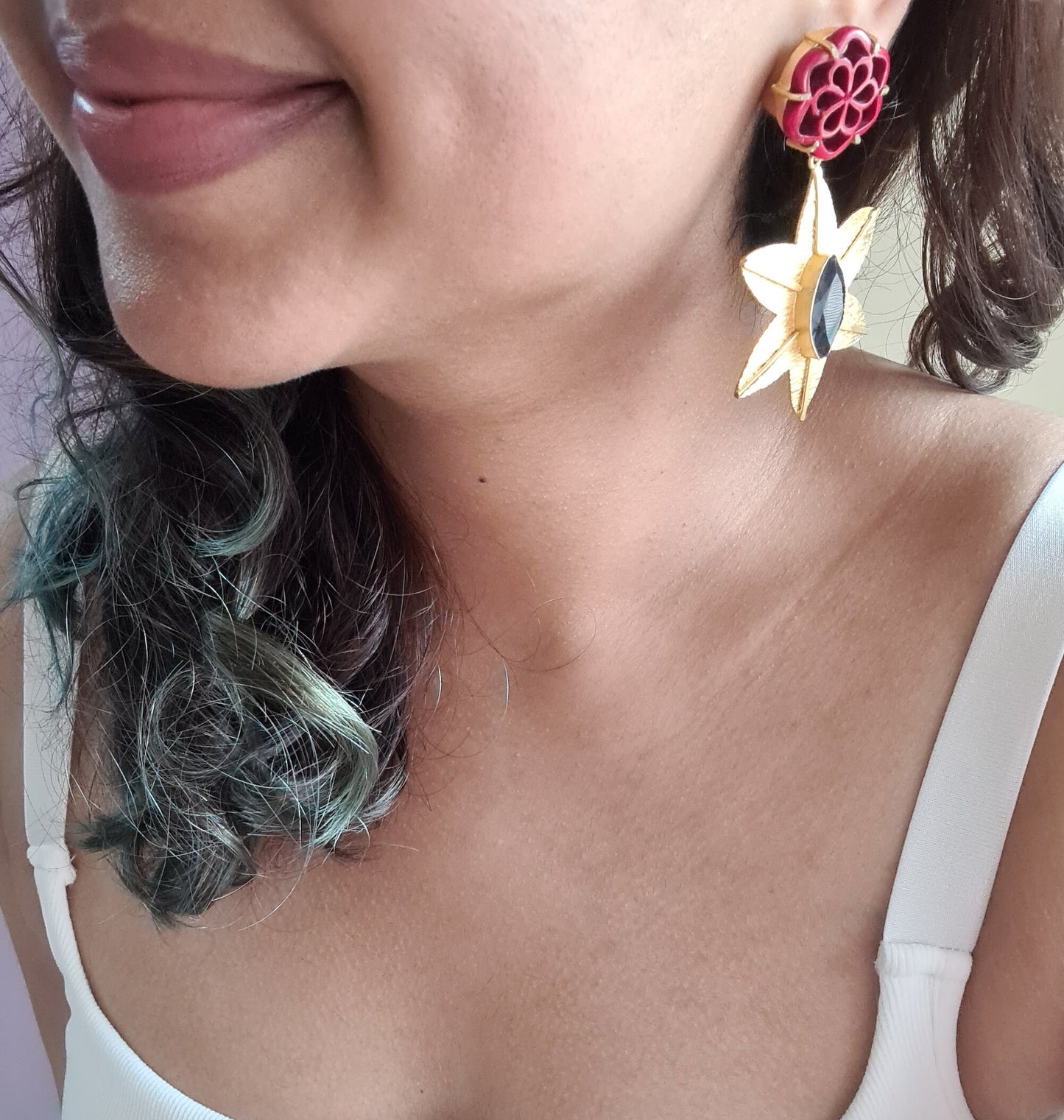 Red Floral Gold Earrings