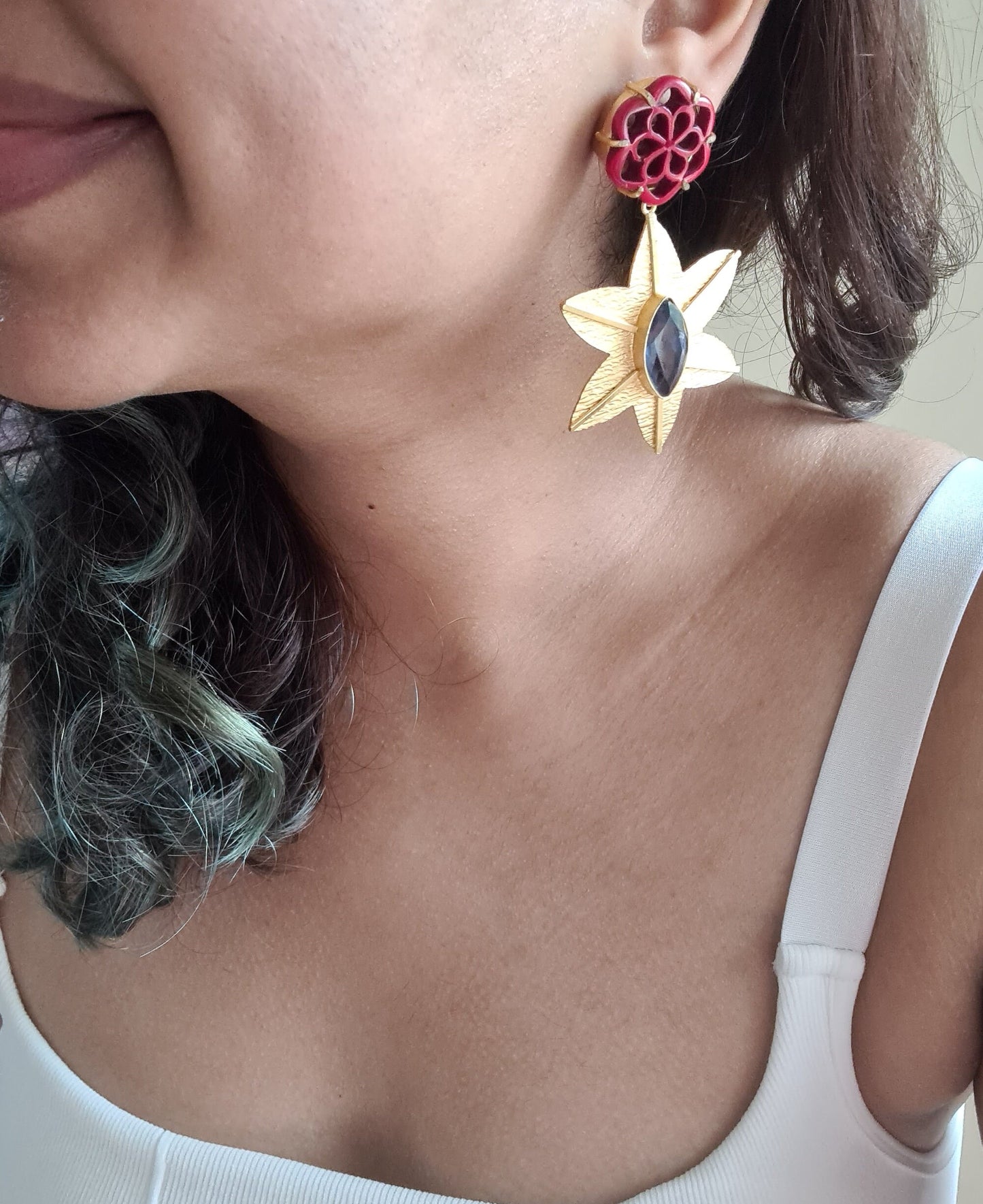 Red Floral Gold Earrings