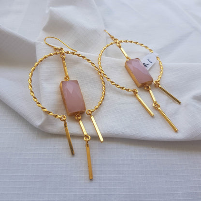 Wire Wrapped Pink Rose Quartz Hoop Earrings