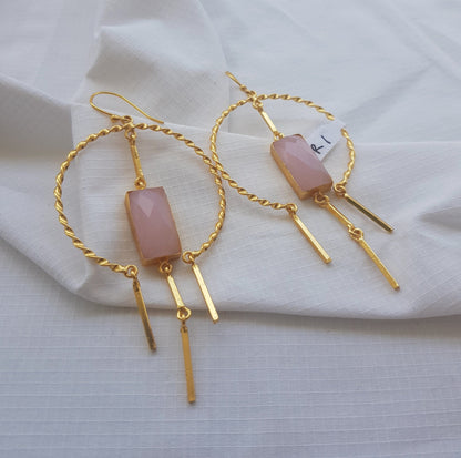 Wire Wrapped Pink Rose Quartz Hoop Earrings