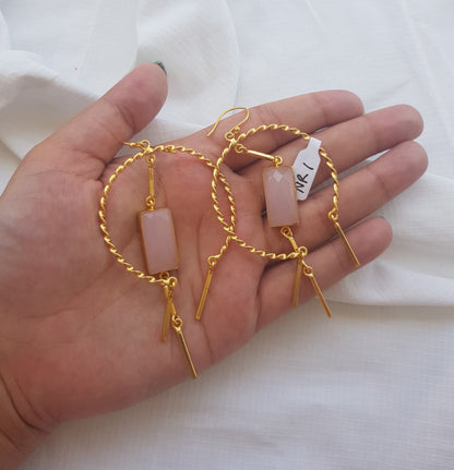 Wire Wrapped Pink Rose Quartz Hoop Earrings