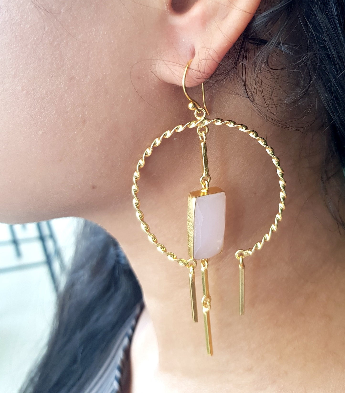 Wire Wrapped Pink Rose Quartz Hoop Earrings