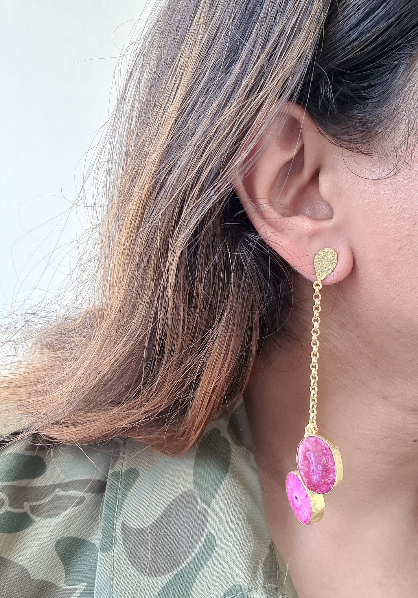 Pink Agate Chain Earrings