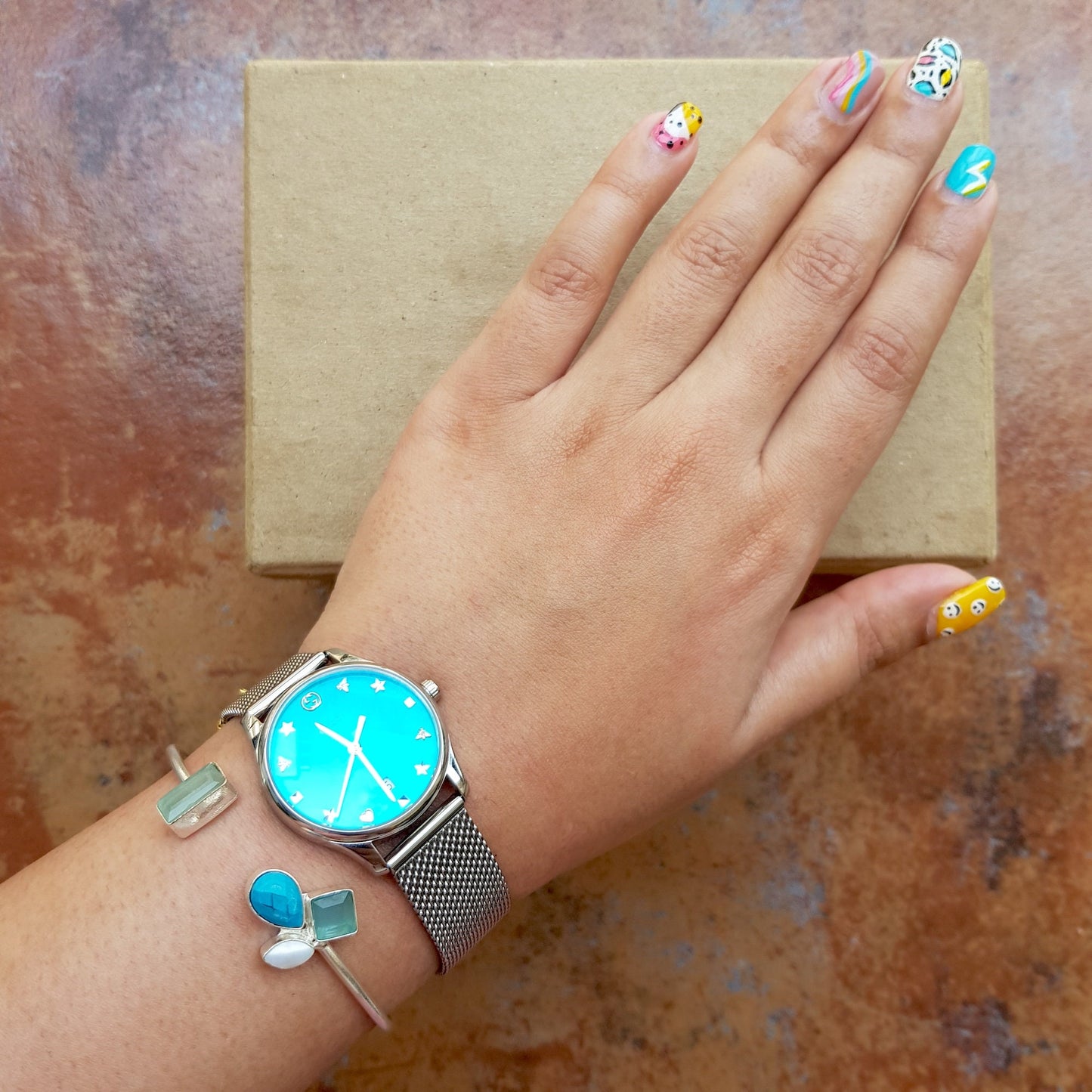 Minimal Silver Gemstone Cuff Bracelet