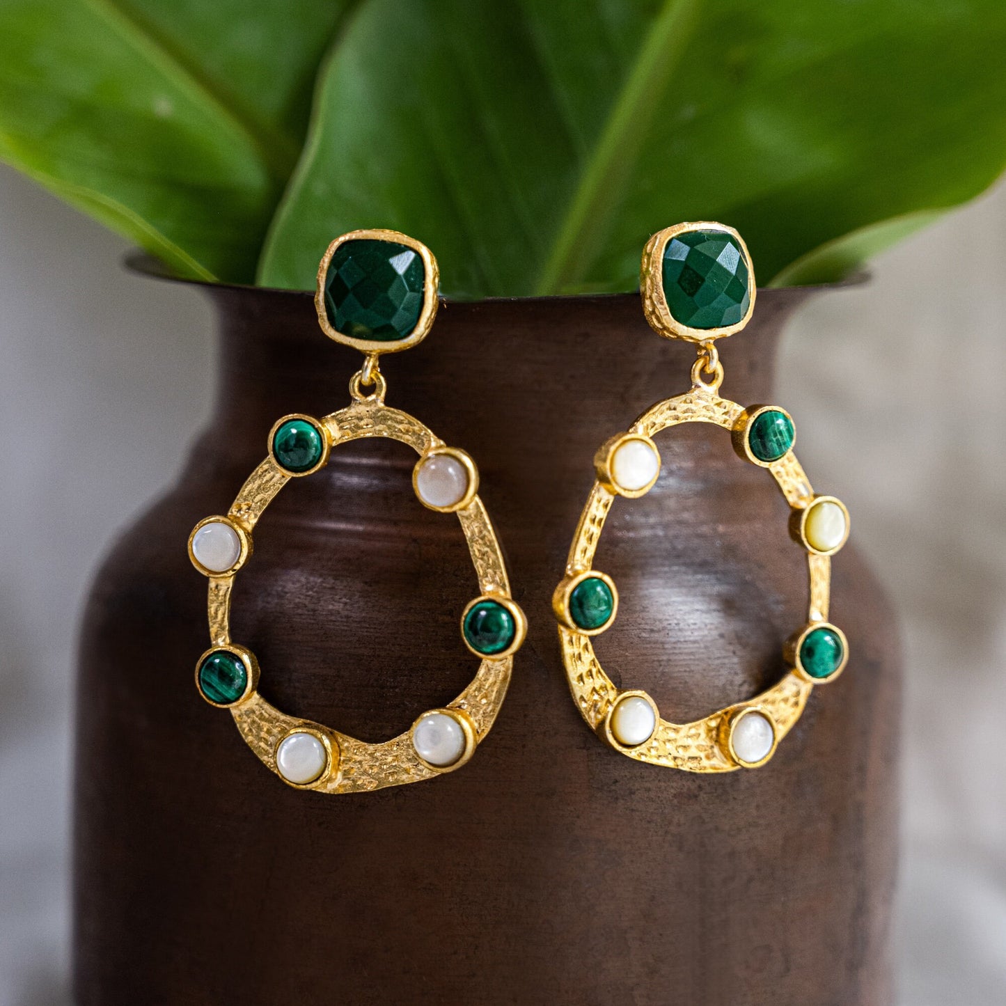 Chunky Malachite Statement Earrings, Long Oversized Boho Jewelry, Large Gemstone Dangle Earrings, Green & Gold Fun Earrings