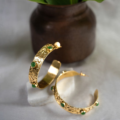 Green Stone Gold Hoops