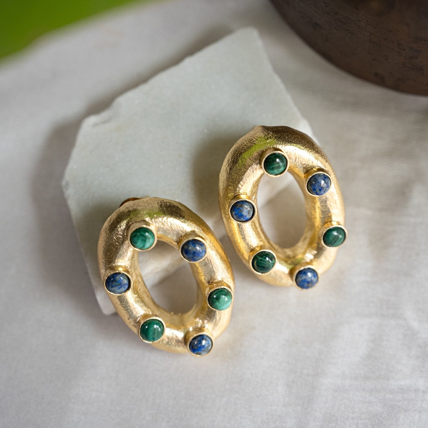 Oval Gold Malachite Studs