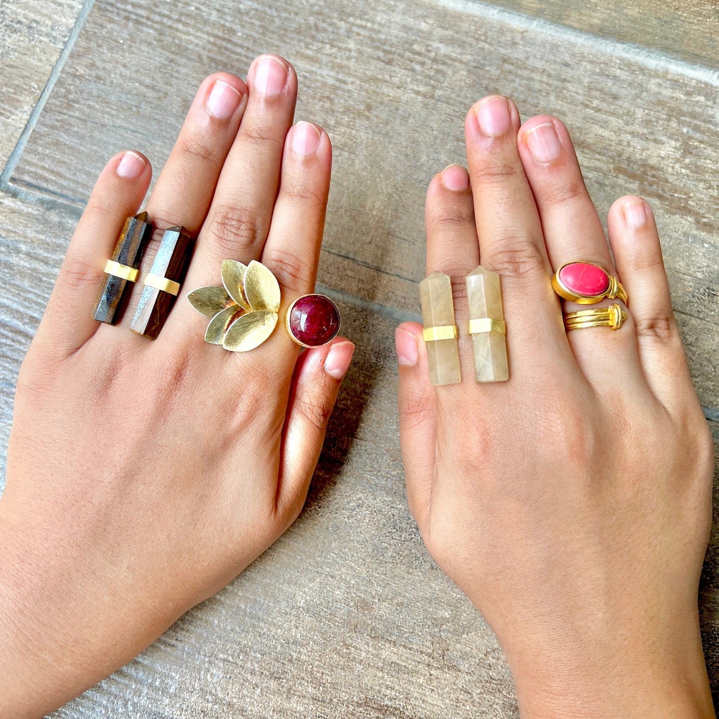 Tiger's Eye Coral Leaf Rings