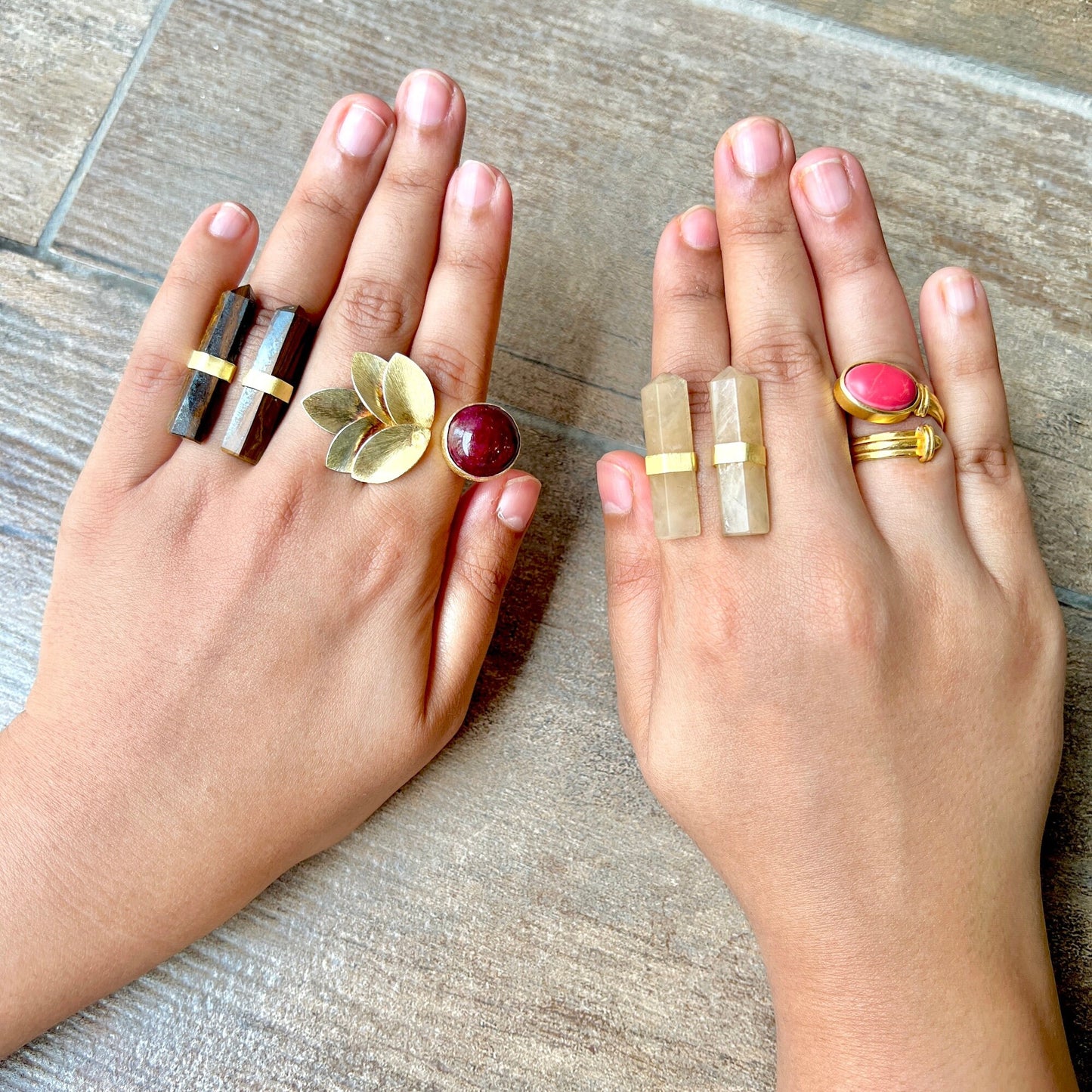 Tiger's Eye Coral Leaf Rings