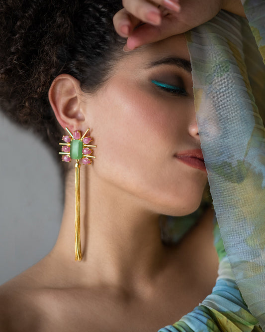 Pink Green Tassel Earrings