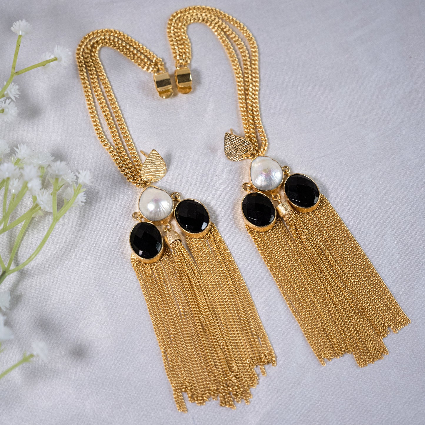 Boho Oversized Gold Black Tassel Ear Cuff Earrings