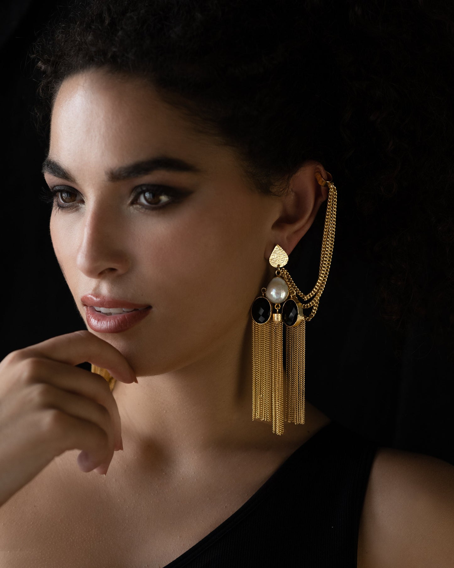 Boho Oversized Gold Black Tassel Ear Cuff Earrings