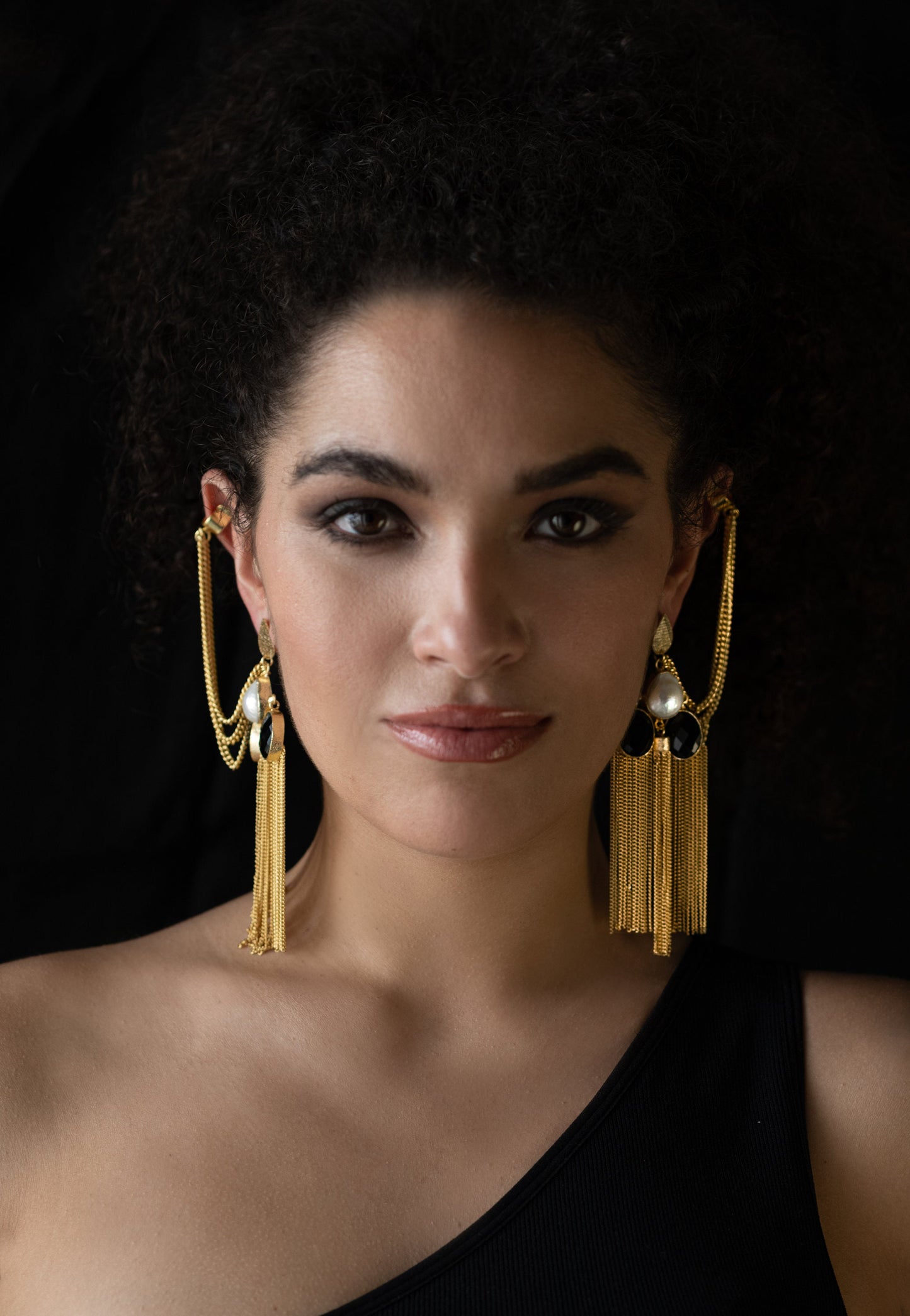 Boho Oversized Gold Black Tassel Ear Cuff Earrings