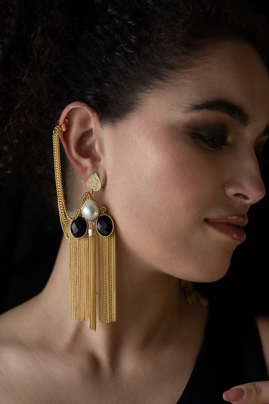 Boho Oversized Gold Black Tassel Ear Cuff Earrings