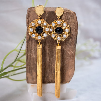 Boho Pearl Gold Black Tassel Chandelier Earrings