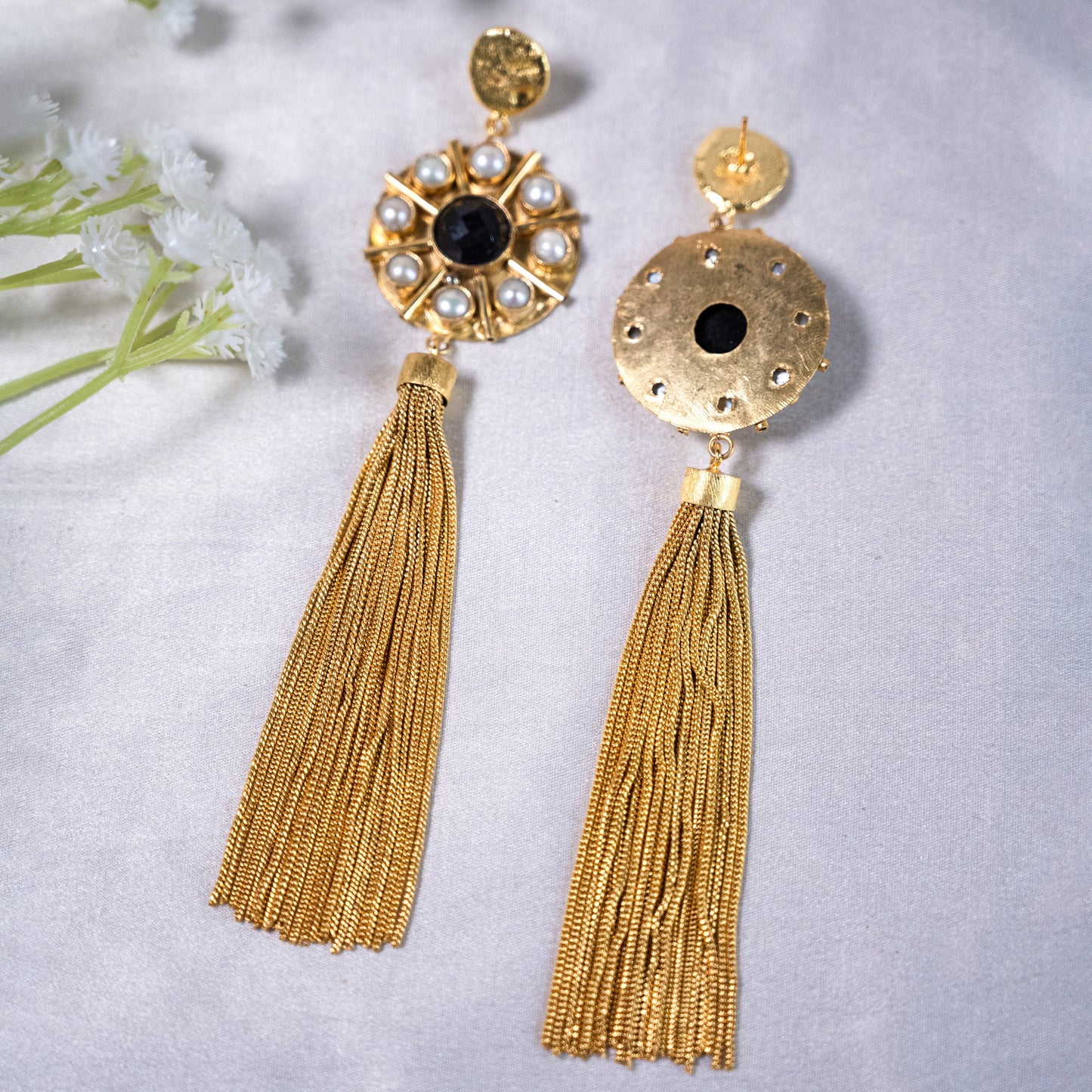 Boho Pearl Gold Black Tassel Chandelier Earrings