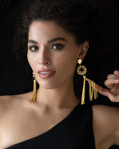 Boho Pearl Gold Black Tassel Chandelier Earrings