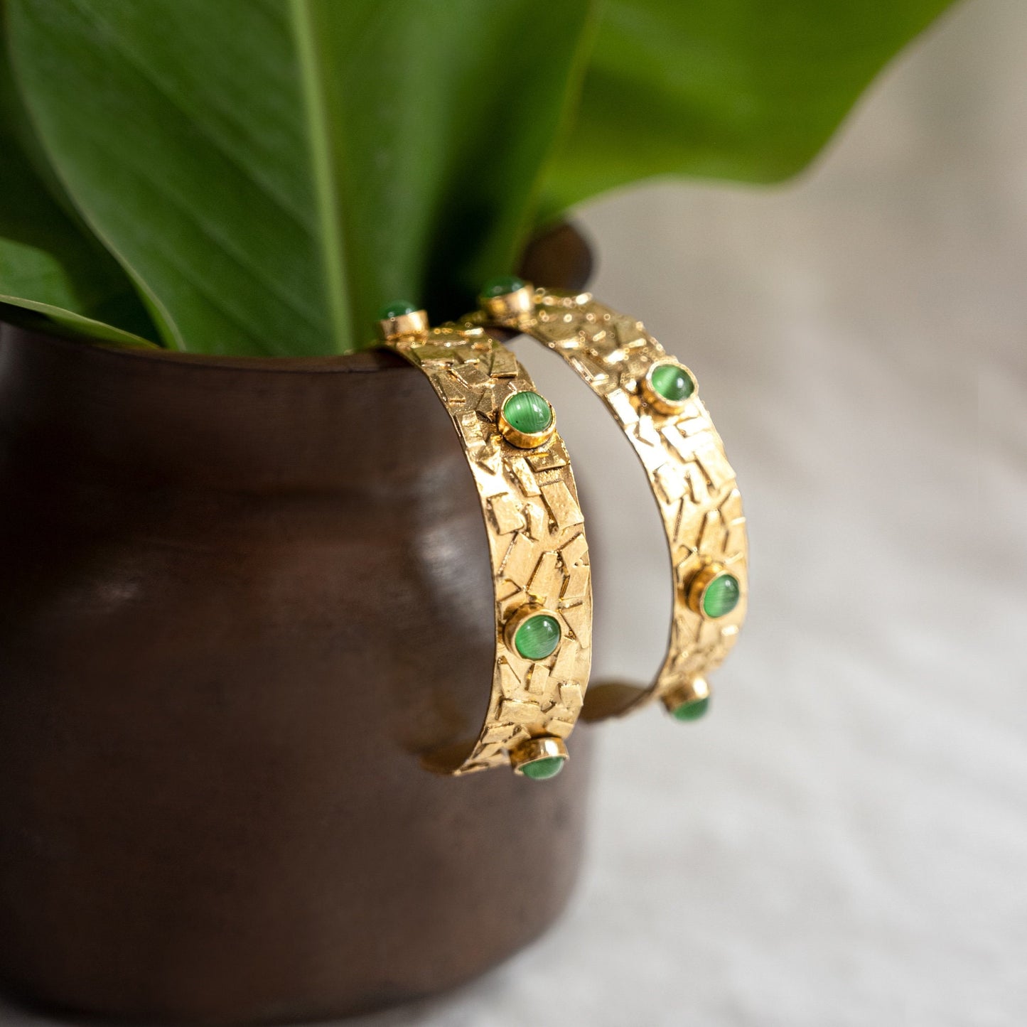 Green Stone Gold Hoops