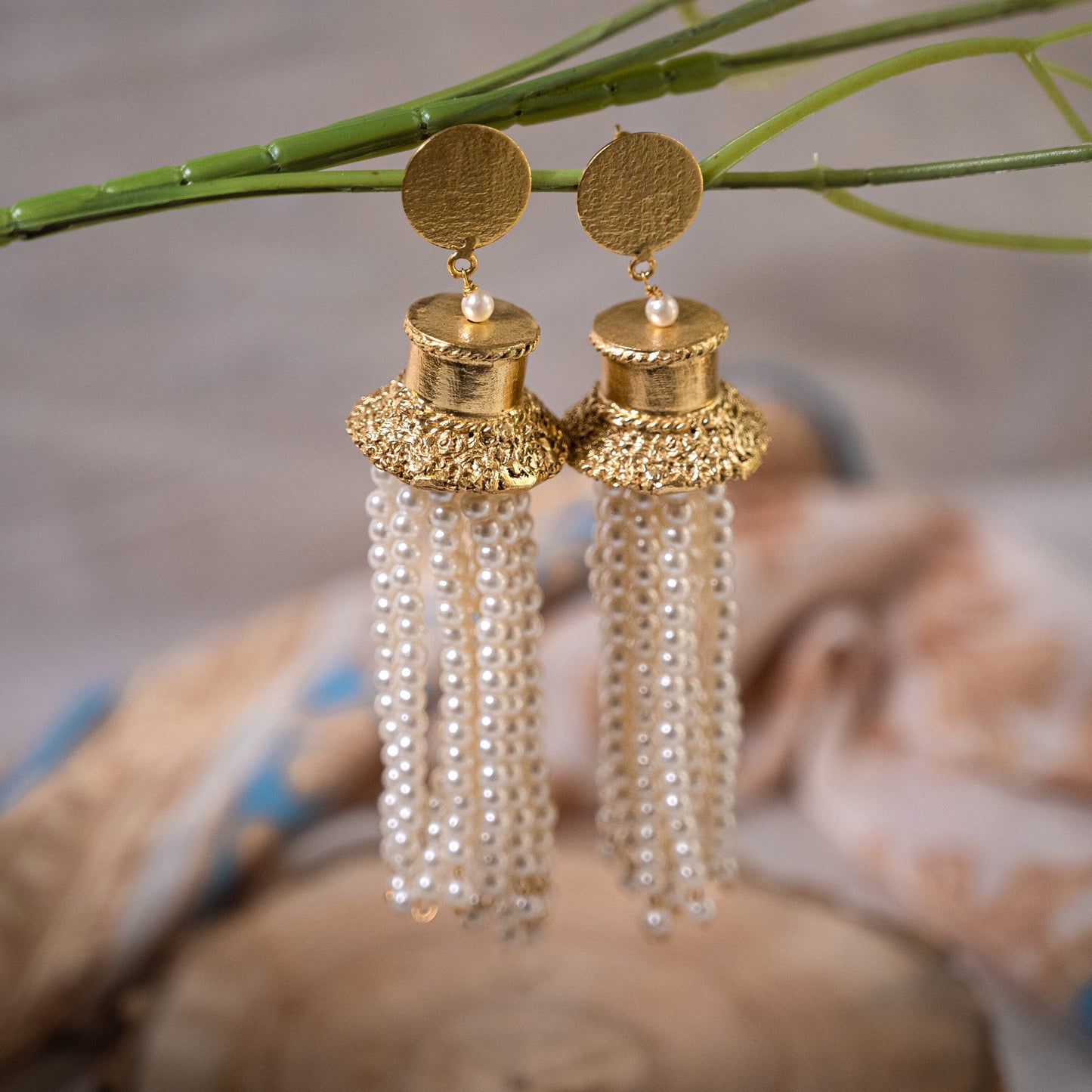 White Pearl Beaded Tassel Chandelier Earrings