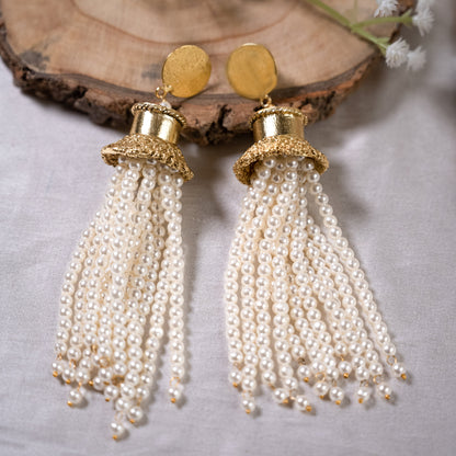 White Pearl Beaded Tassel Chandelier Earrings