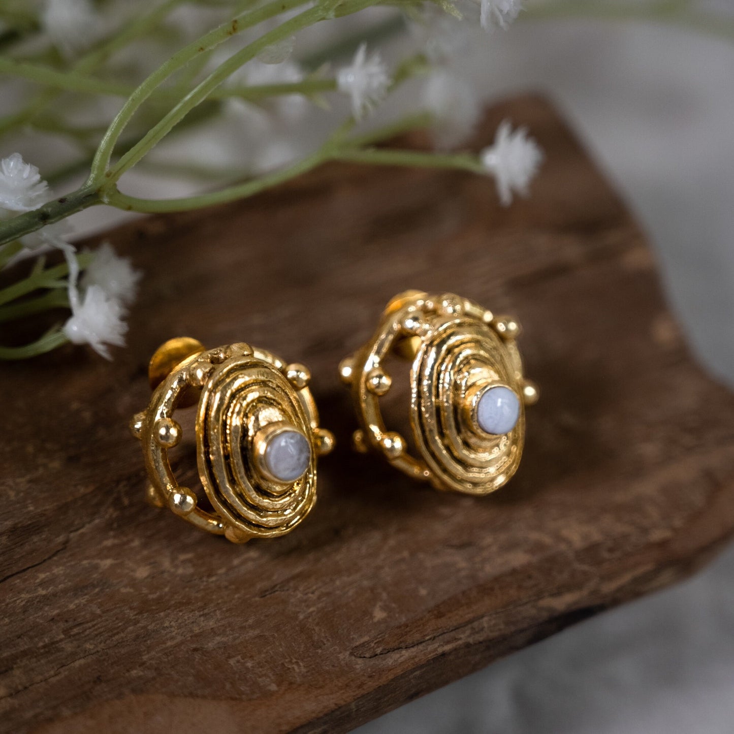 Oval White Moonstone Gold Studs