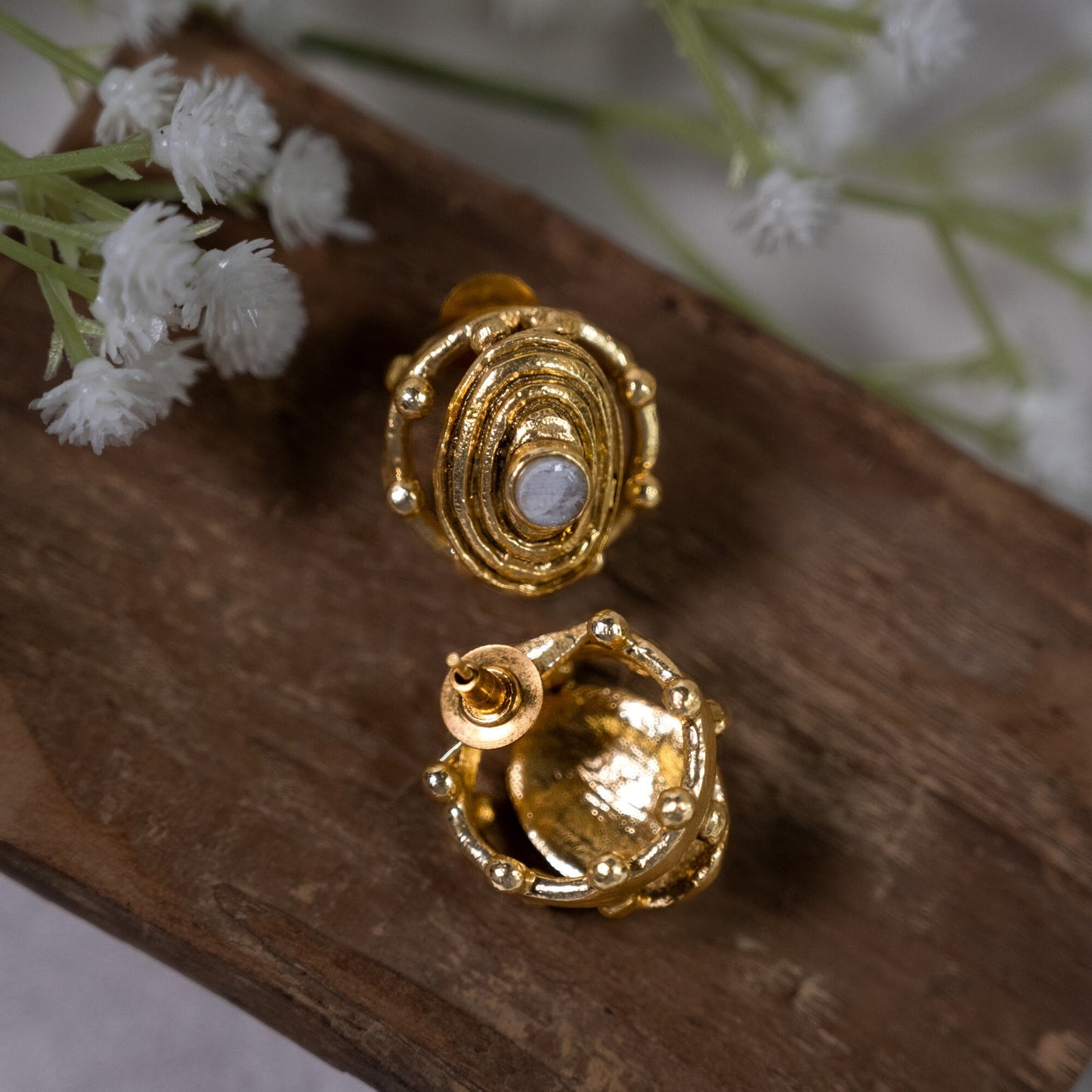 Oval White Moonstone Gold Studs