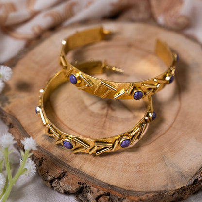 Large Chunky Purple Gemstone Boho Gold Hoop Statement Earrings, Geometric Bohemian Oversized Jewelry