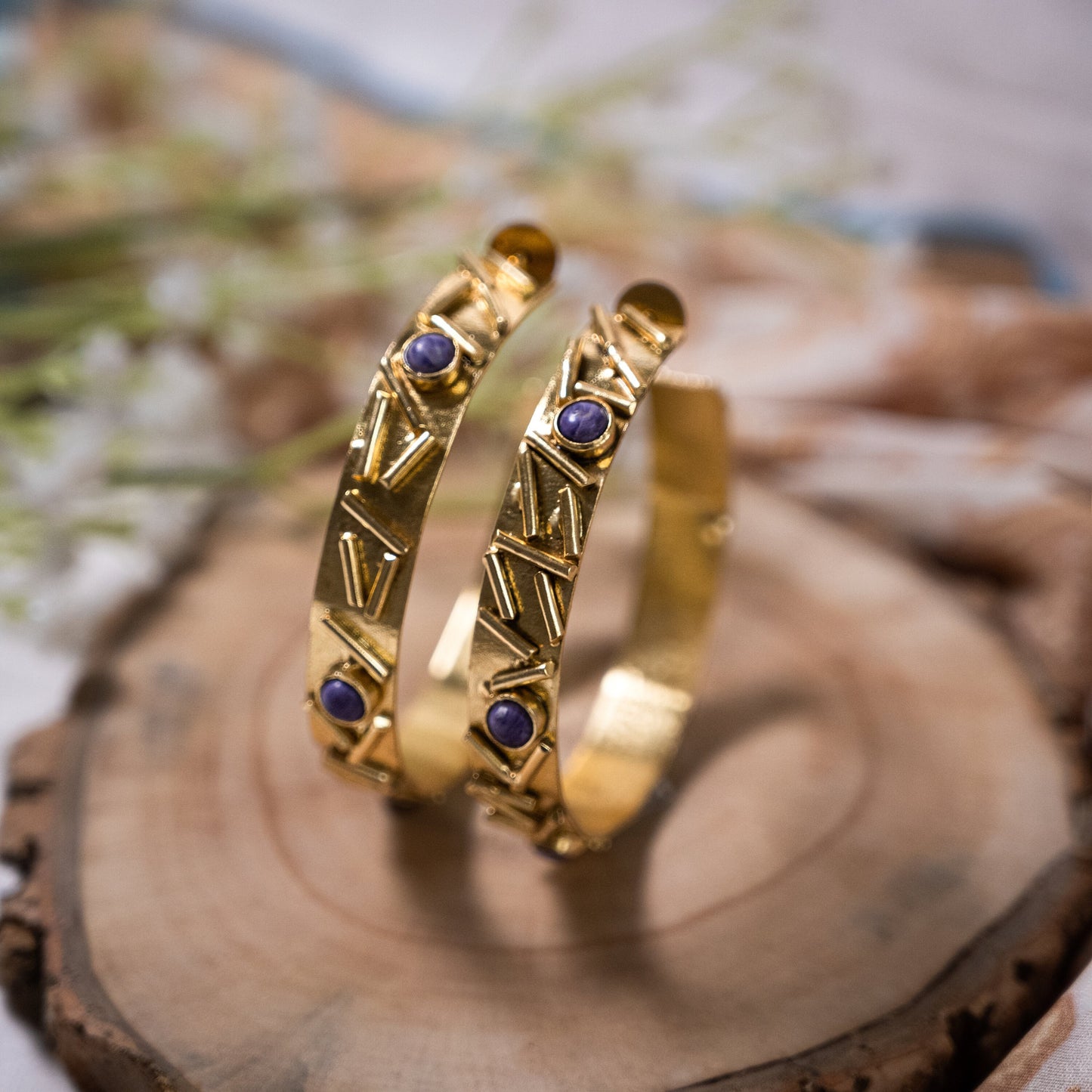 Large Chunky Purple Gemstone Boho Gold Hoop Statement Earrings, Geometric Bohemian Oversized Jewelry