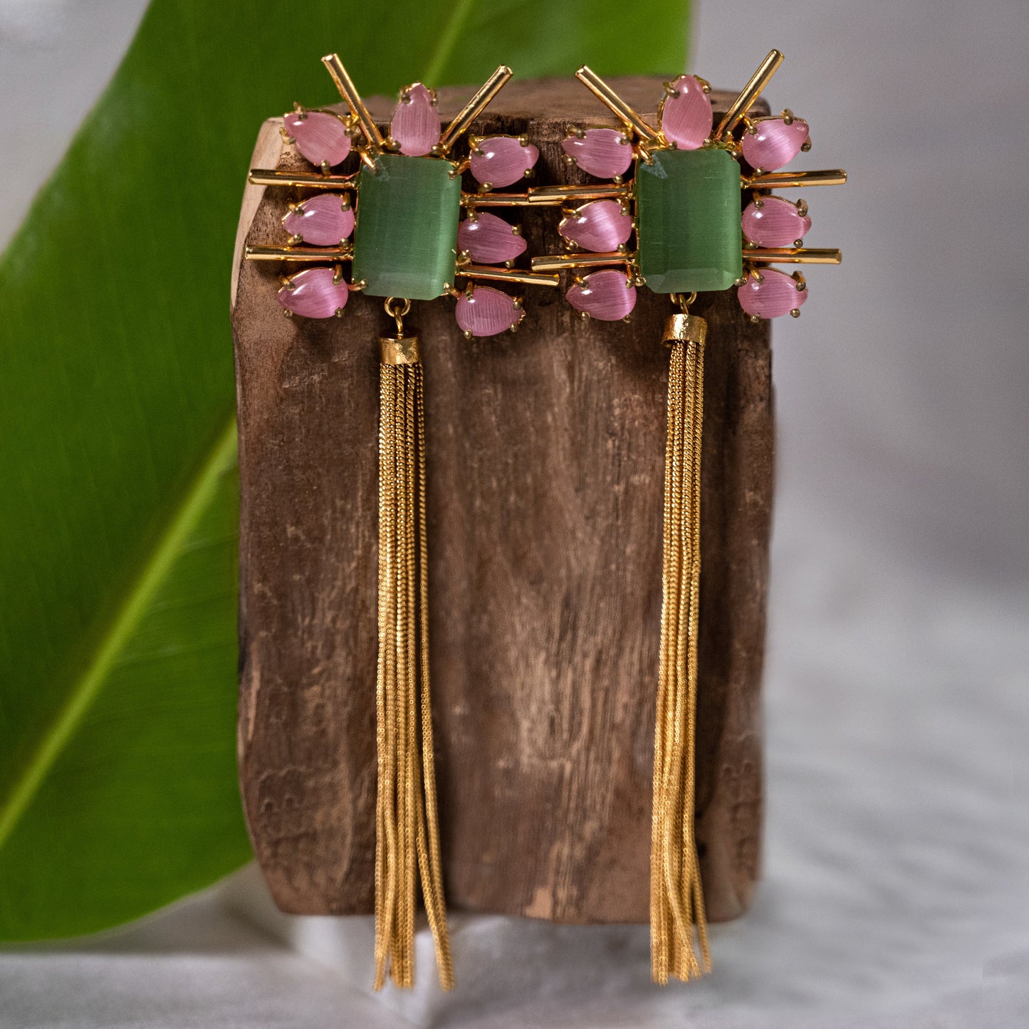 Pink Green Tassel Earrings