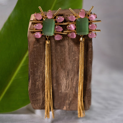 Pink Green Tassel Earrings