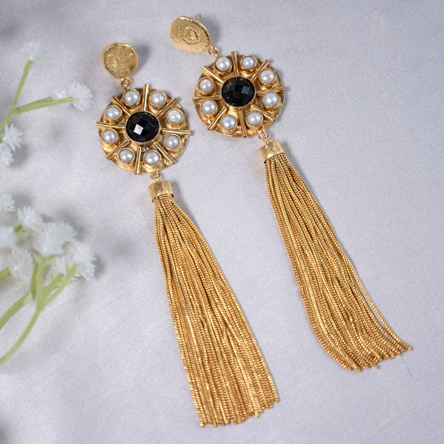 Boho Pearl Gold Black Tassel Chandelier Earrings