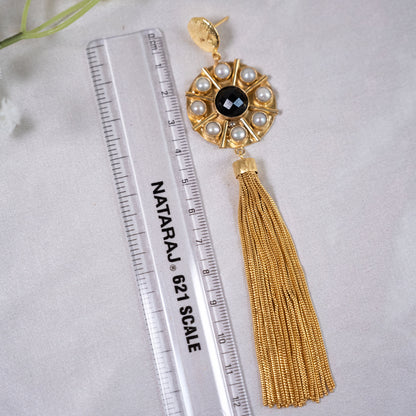 Boho Pearl Gold Black Tassel Chandelier Earrings