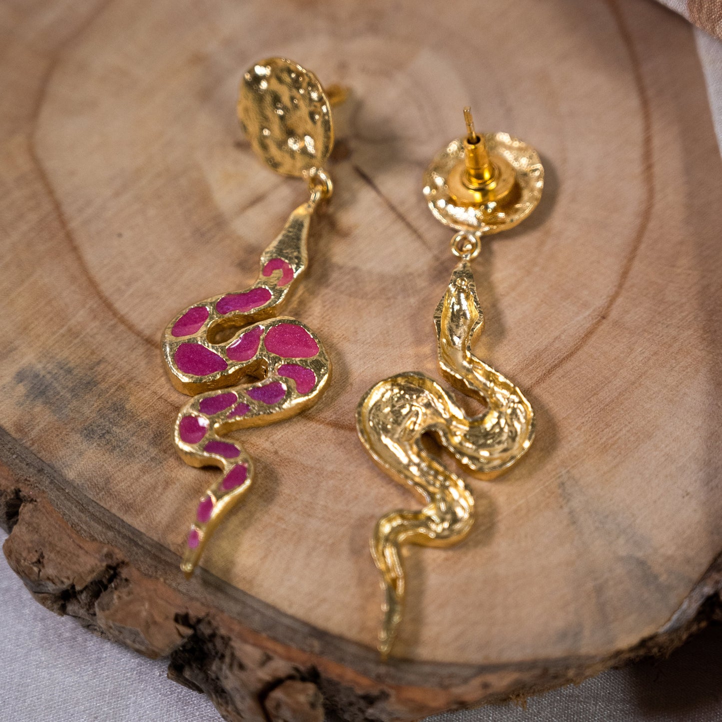 Pink Enamel Snake Earrings