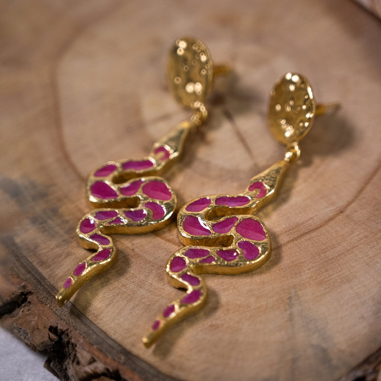 Pink Enamel Snake Earrings