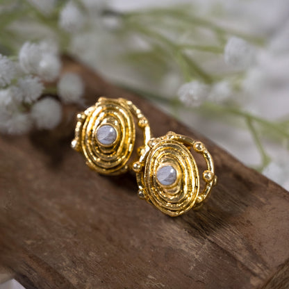 Oval White Moonstone Gold Studs