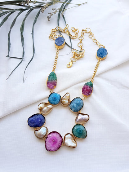 The Enache Agate + Pearl Colorful Druzy Pendant Necklace TheEnache