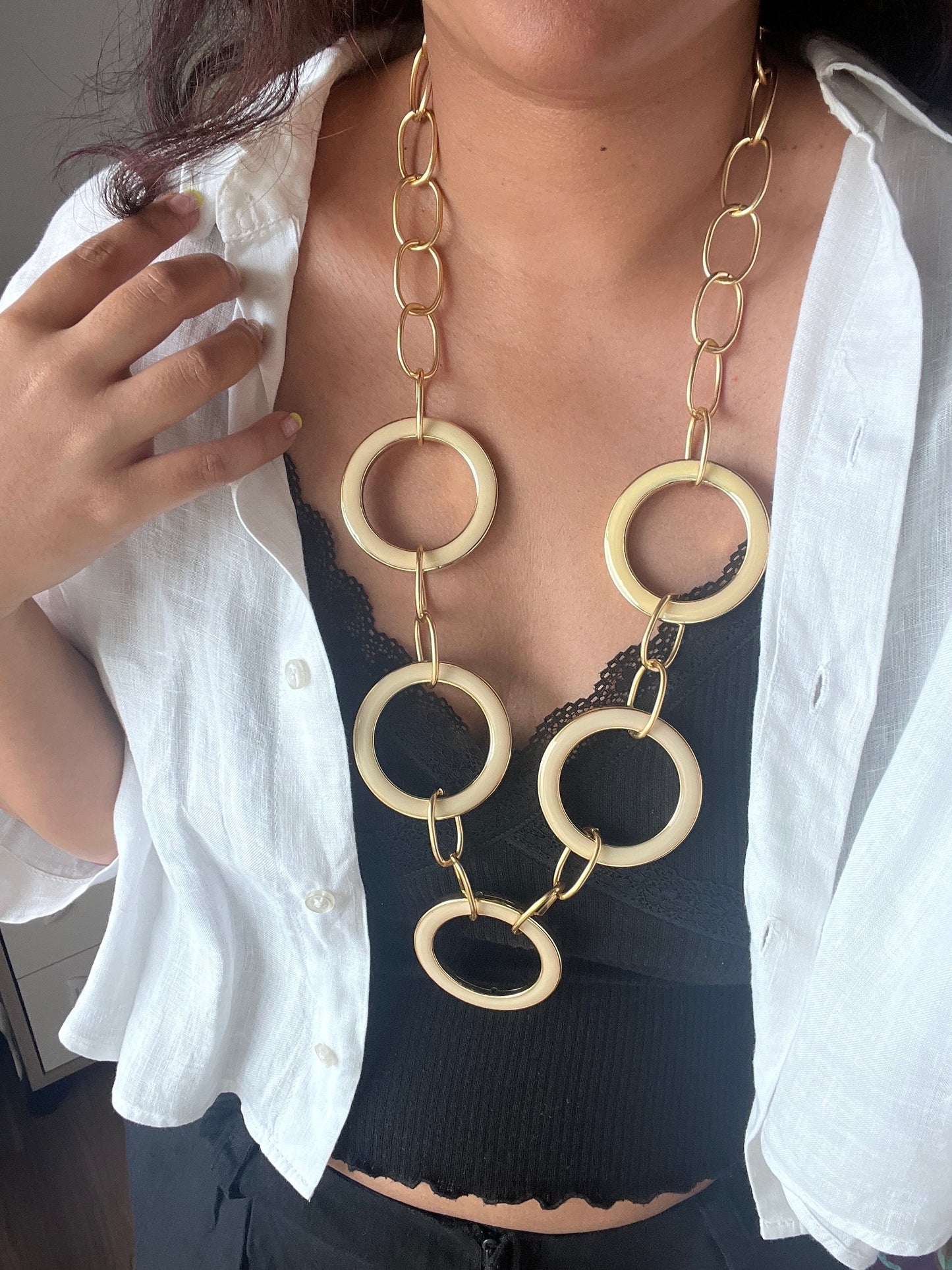 The Enache Beige Pink Enamel Round Rings Long Statement Necklace TheEnache