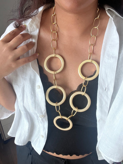 The Enache Beige Pink Enamel Round Rings Long Statement Necklace TheEnache