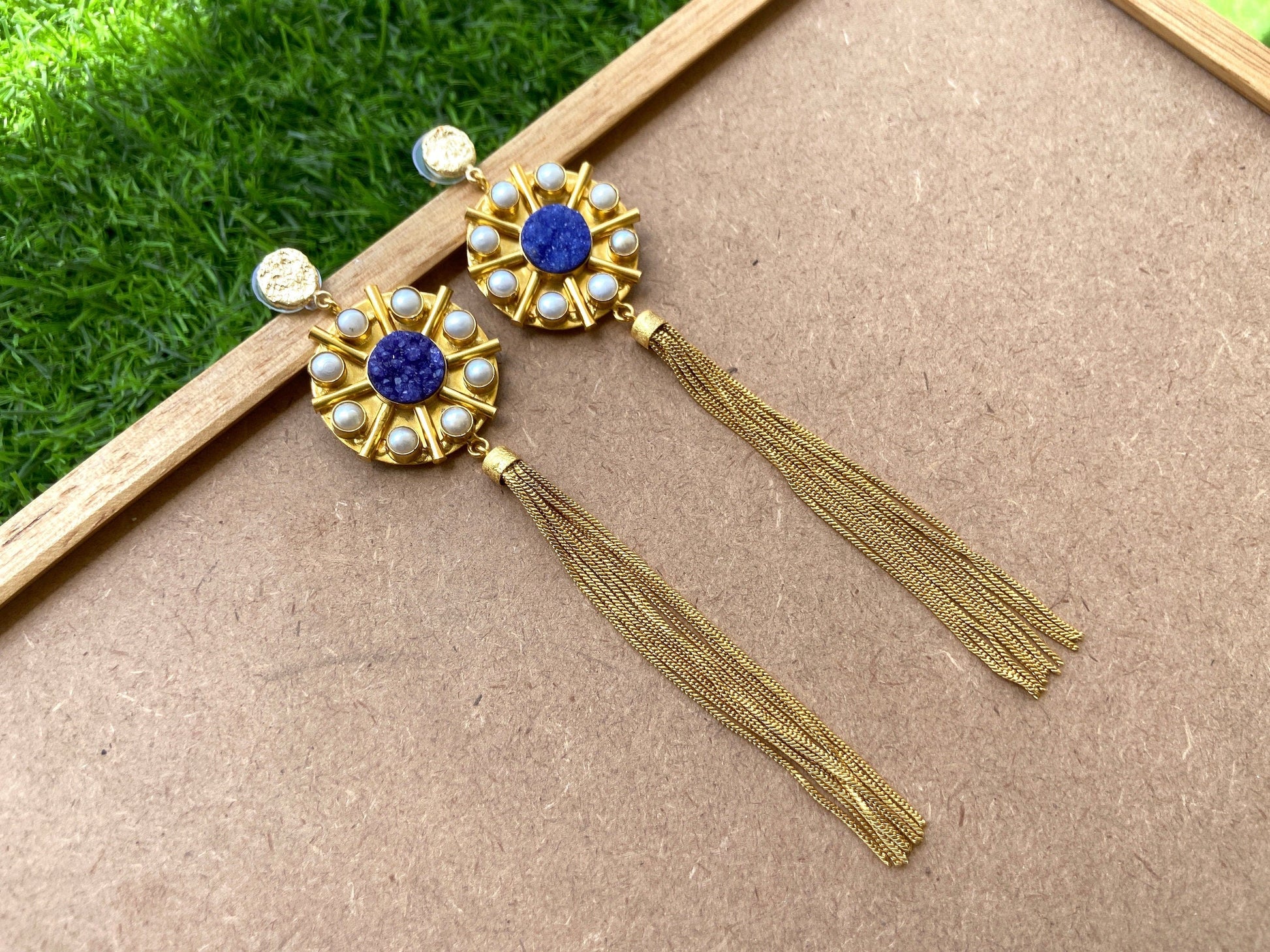 The Enache Blue Druzy & Pearl Tassel Earrings TheEnache